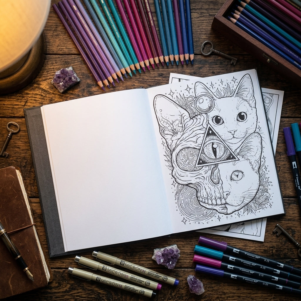 Coloring book with cat and skull design, surrounded by colored pencils and markers on a wooden table.