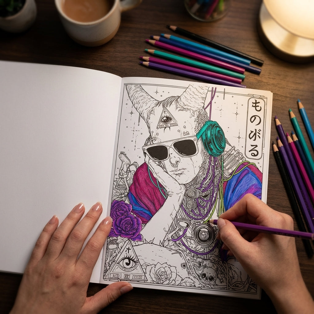 Person coloring a detailed illustration in a coloring book with colored pencils on a wooden table.