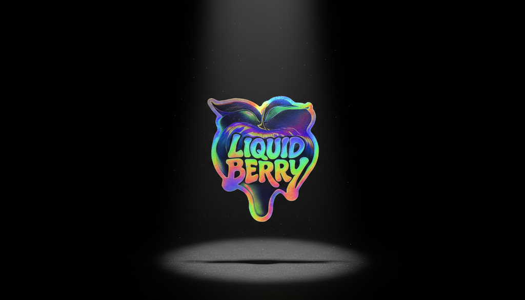 Colorful Holographic 'Liquid Berry' sticker  logo on a black background