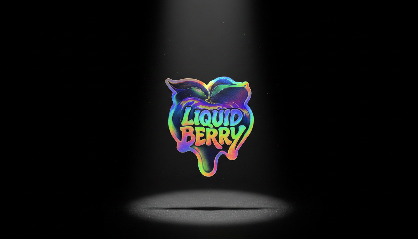 Colorful Holographic 'Liquid Berry' sticker  logo on a black background
