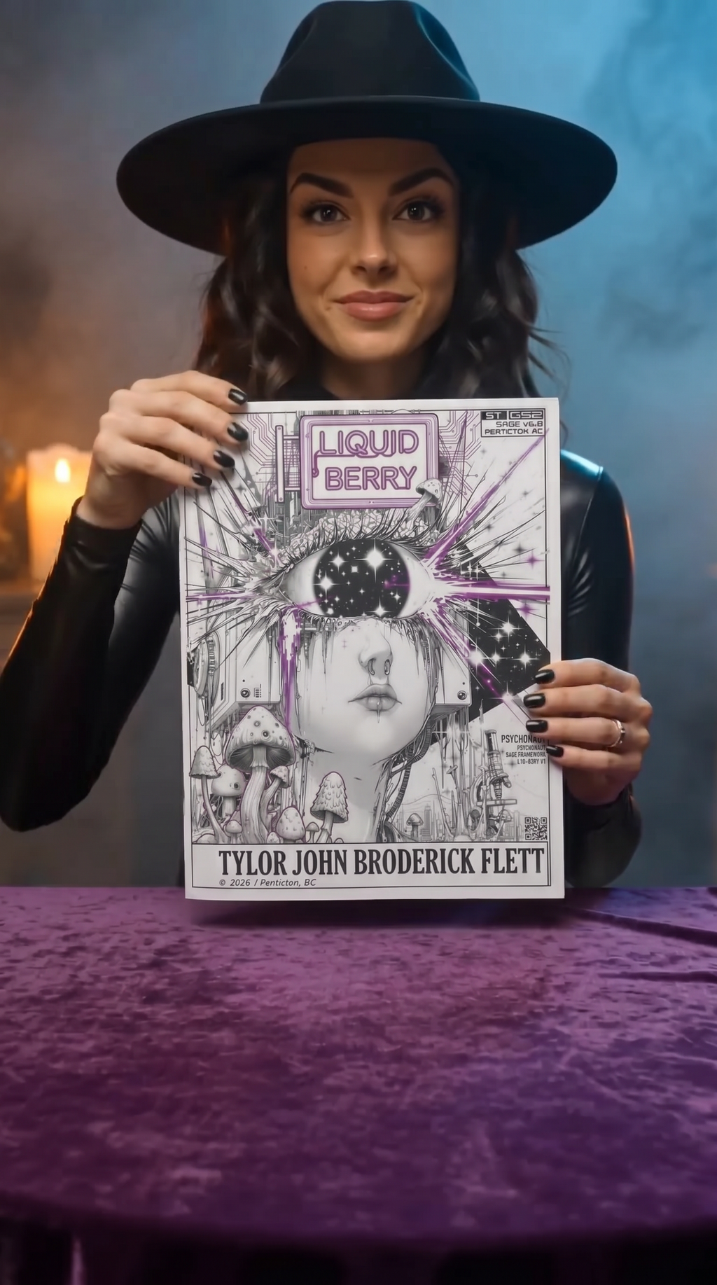 liquidberry sticker girl holding the Artistic Catharsis Volume 1 paperback cyber relic art book by Liquid Berry by Tylor John Broderick Flett against a purple and gray background.