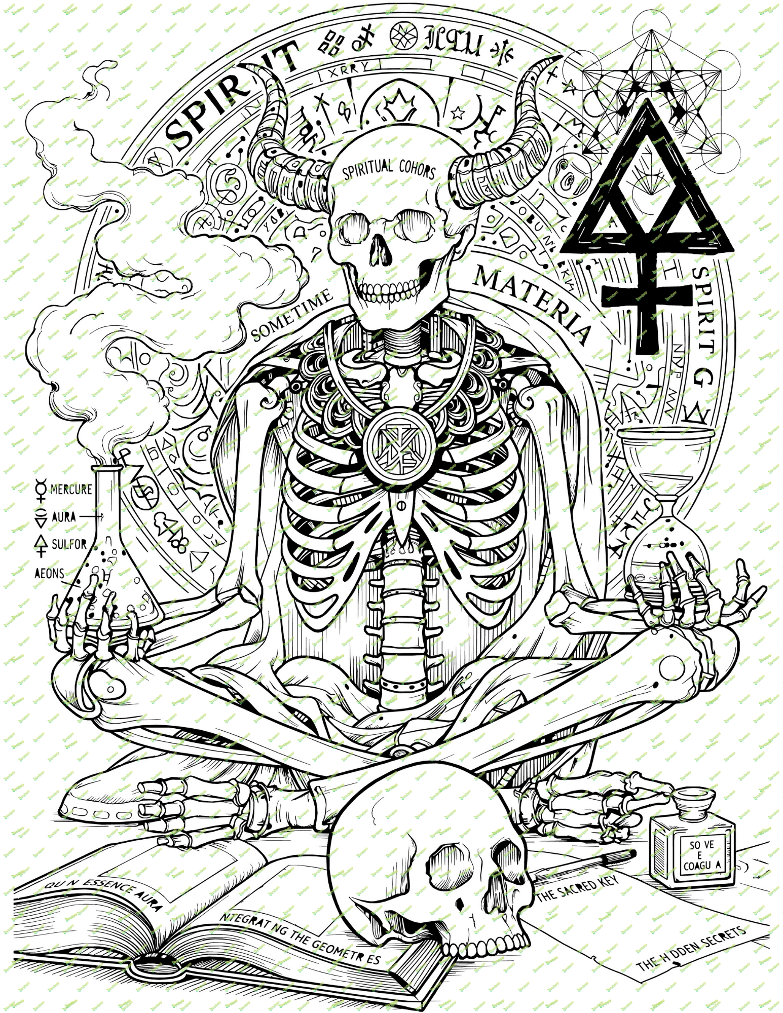 alchemical bones showcasing a Skeletal figure in a meditative pose with alchemical symbols and text for the free  digital download available 