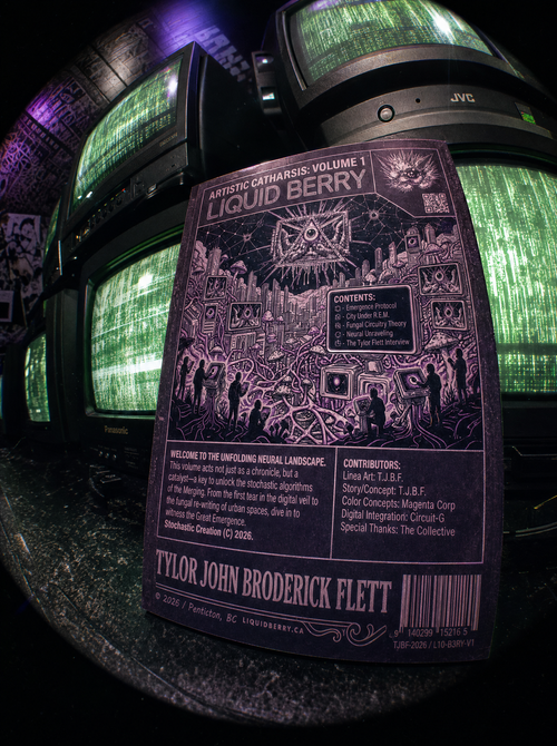 of cover in black ink of the Artistic Catharsis Volume 1 paperback cyber relic art book by Liquid Berry showcasing a artistic design and text in siting front of electronic screens displaying green text.