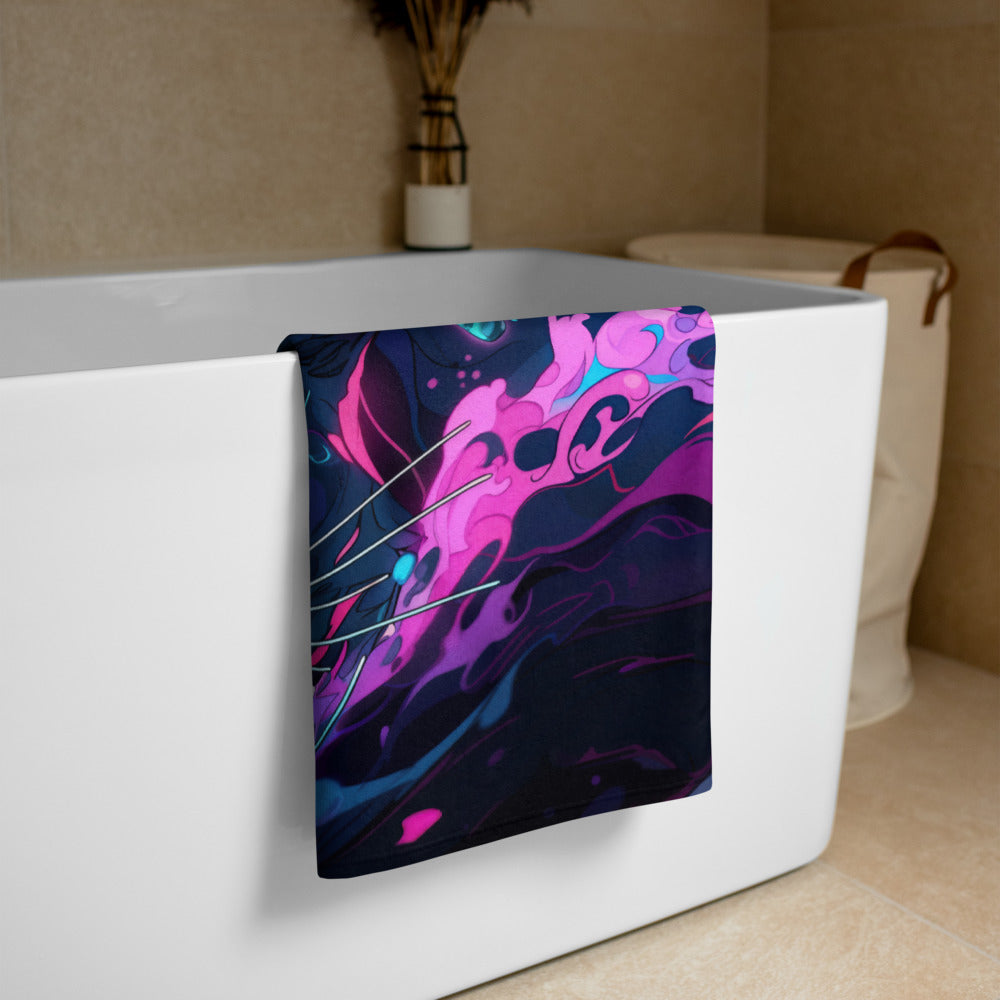 Colorful towel with abstract design draped over a bathtub.
