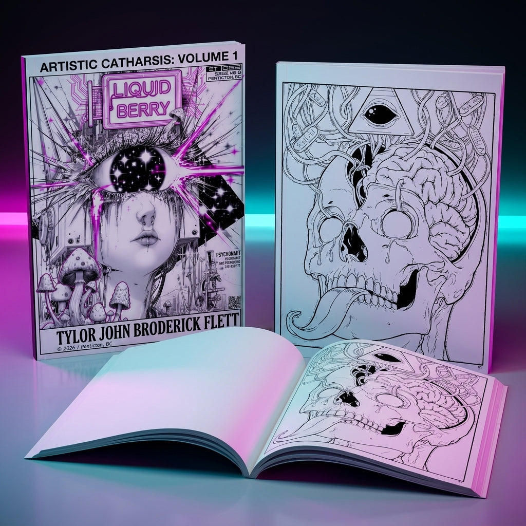 Artistic Catharsis Volume 1 book with a skull illustration on a dark background its a paperback cyber relic art book by Liquid Berry