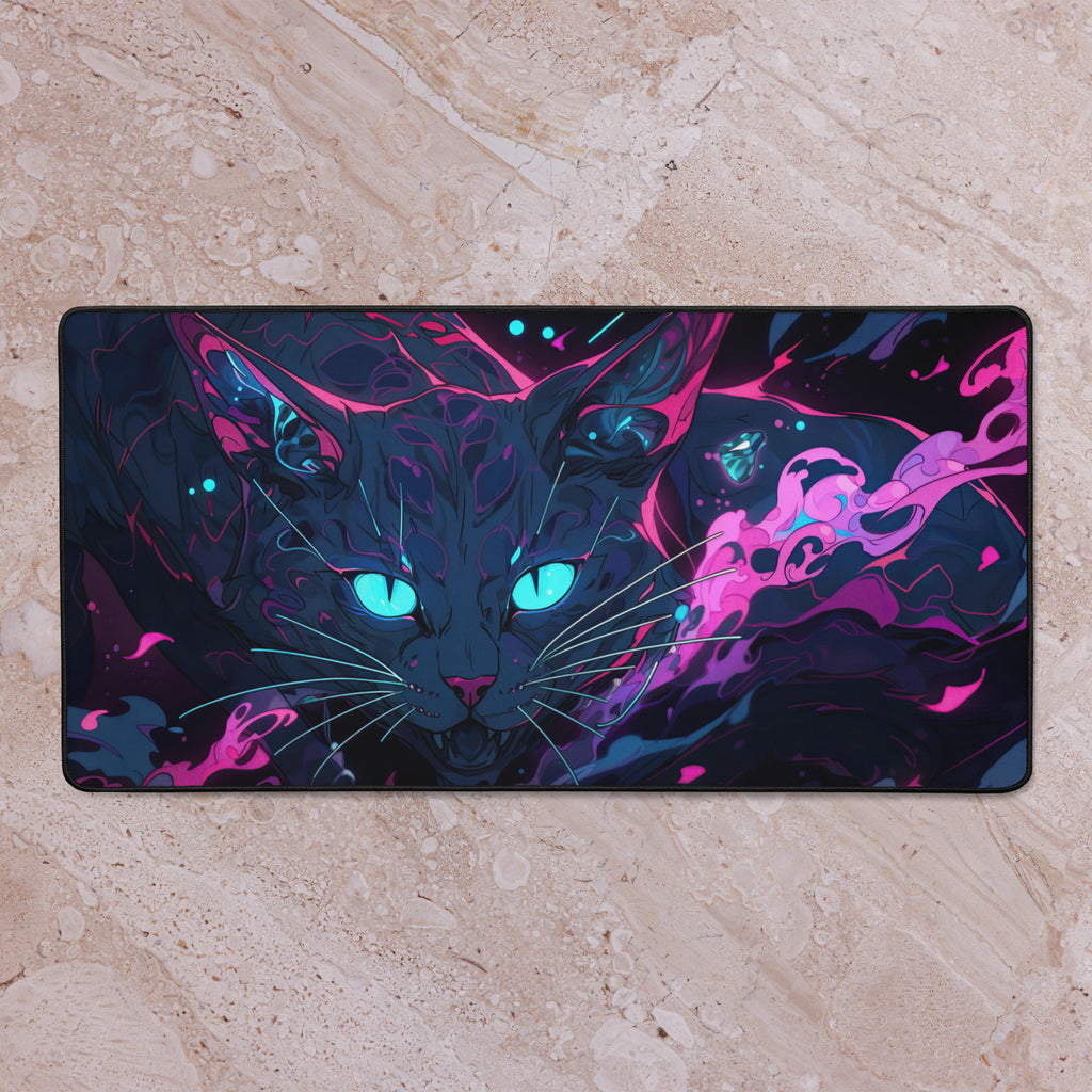 Decorative mat with a colorful cat design on a beige surface