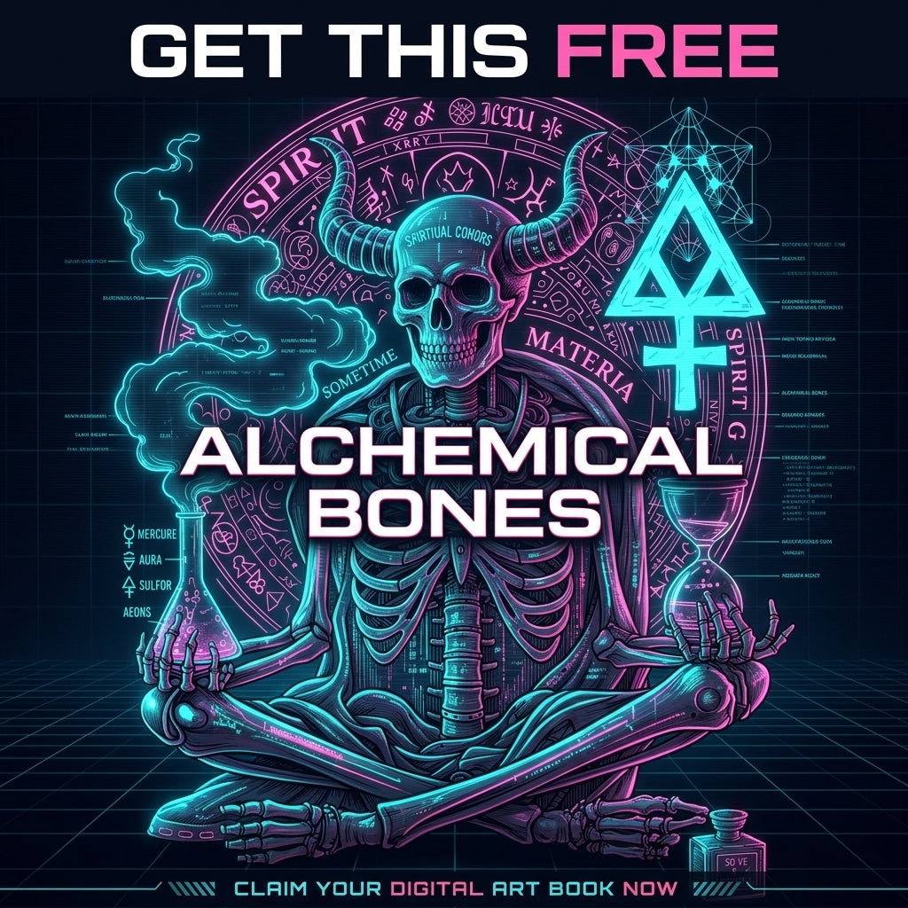 Digital art of a skeleton with alchemical symbols and text promoting 'Alchemical Bones' digital art download promo ad.