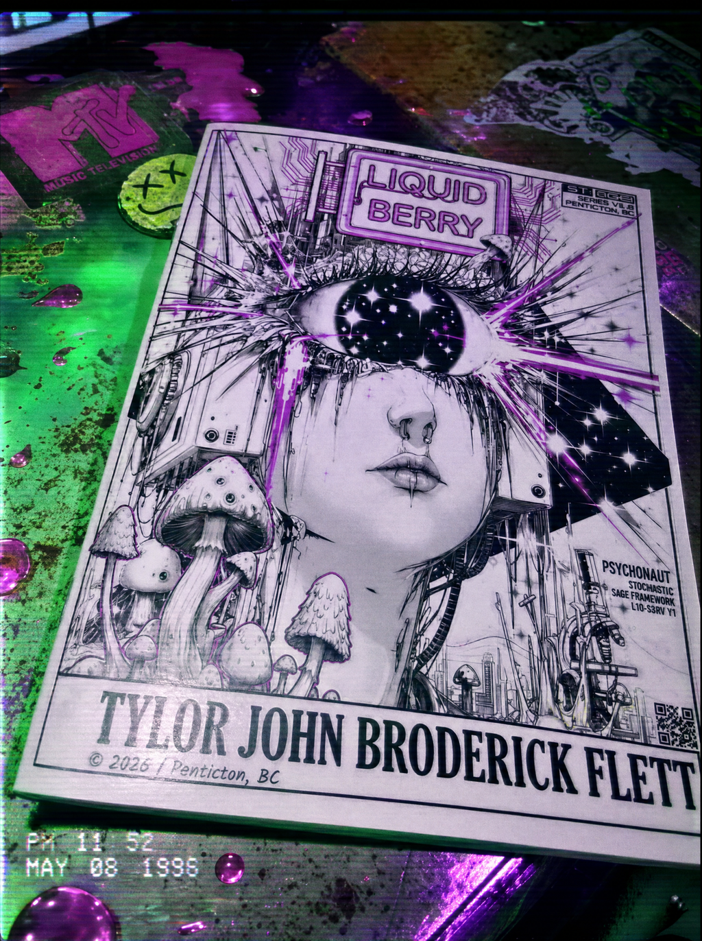Artistic Catharsis Volume 1 paperback cyber relic art book by Liquid Berry with black and white illustration of a face and mushrooms, featuring 'Liquid Berry' and 'Tyler John Broderick Flett'.