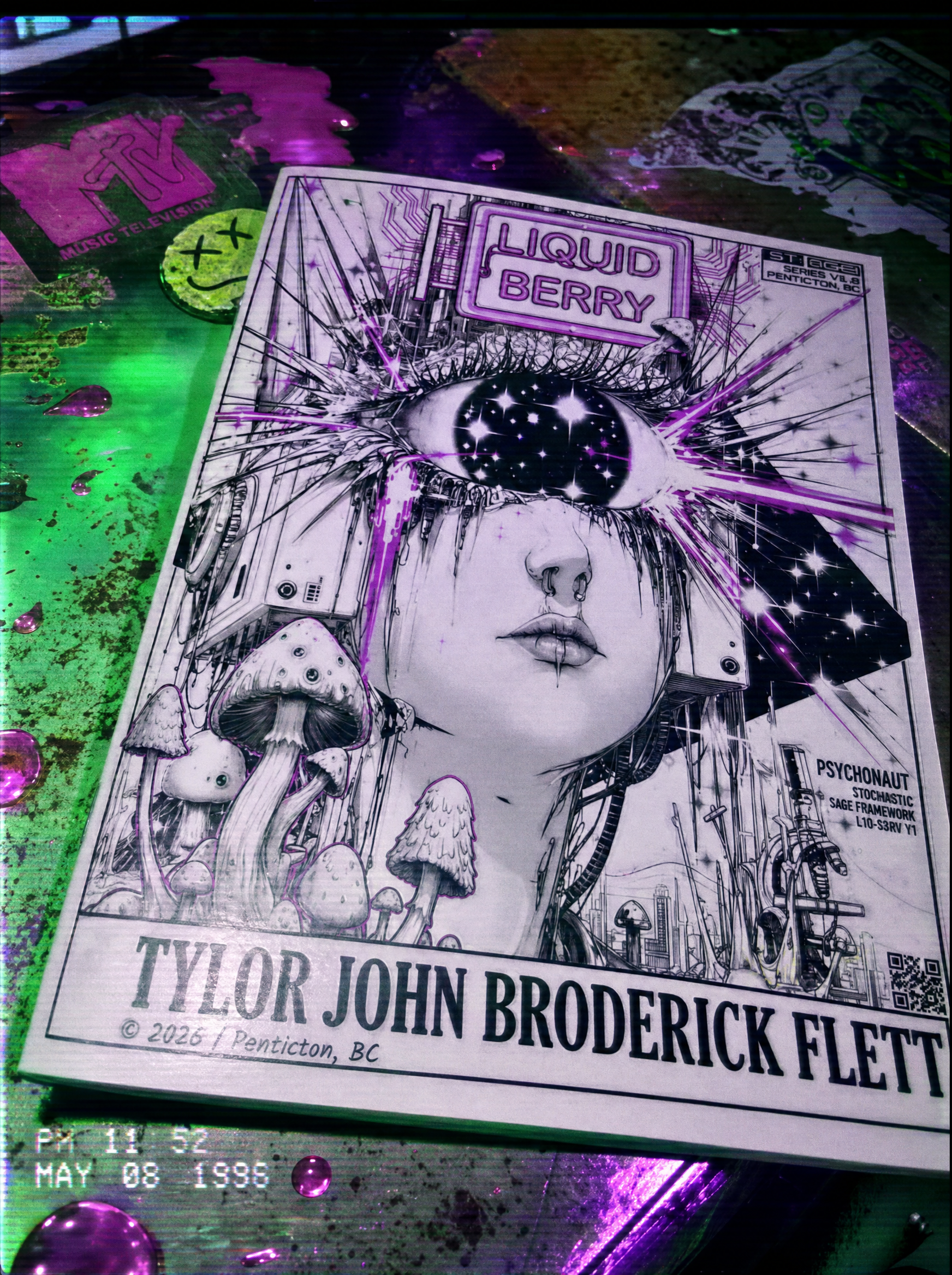 Artistic Catharsis Volume 1 paperback cyber relic art book by Liquid Berry with black and white illustration of a face and mushrooms, featuring 'Liquid Berry' and 'Tyler John Broderick Flett'.