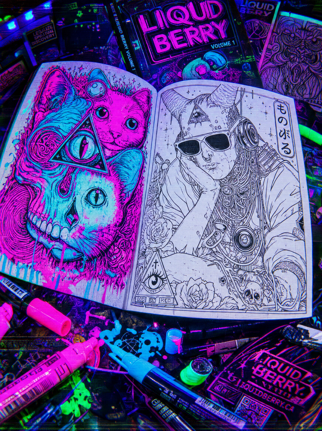 Open book with blacklight art on a dark background with blacklight markers. of the Artistic Catharsis Volume 1 paperback cyber relic art books interior pages by Liquid Berry